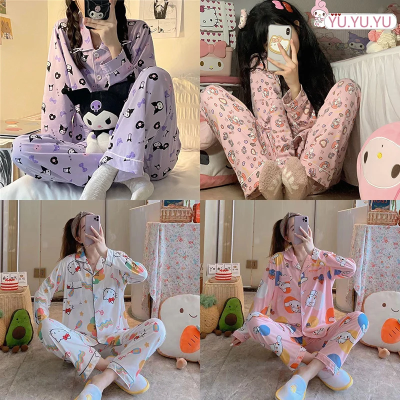 Kawaii Sanrio Plush Kitty Kuromi My Melody Cinnamoroll Clothing Cute Kids Long Sleeve Pajama Set Anime Toys For Girls Gift |