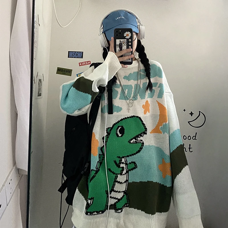 

Vintage Cross Sweater Ins Harajuku Dinosaur Sweater Loose Round Neck Long Sleeve Thick Sweater Cotton Autumn Sweater Women