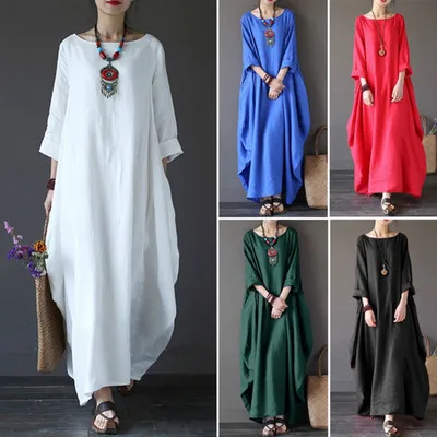 

2019 Autumn Womens Crewneck 3/4 Sleeve Baggy Maxi Long Casual Loose Party Shirt Dress Kaftan Linen Solid Robe Vestido Plus Size