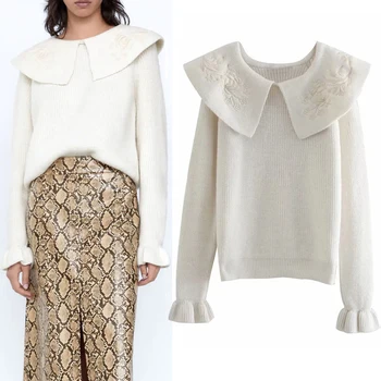 

Za 2020 Autumn White Embroidered Collar Knitted Sweater Women Vintage Ruffle Long Sleeve Kawaii Ladies Casual Loose Sweaters