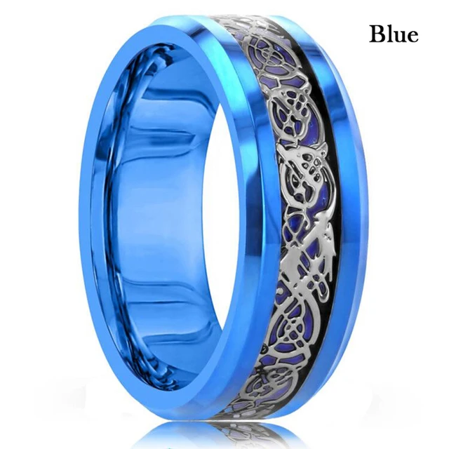 10 Colors 8mm Men's Stainless Steel Celtic Dragon Ring Inlay Red Green Black Carbon Fiber Ring Wedding Band Jewelry Size 6-13 Blue