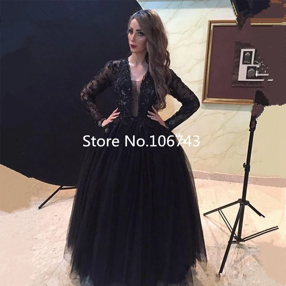 Robe de soiree, длинный рукав, с аппликацией, мусульманское бальное платье, abendkleider, Vestido de festa, кружевное черное платье на выпускной, платье для мамы невесты