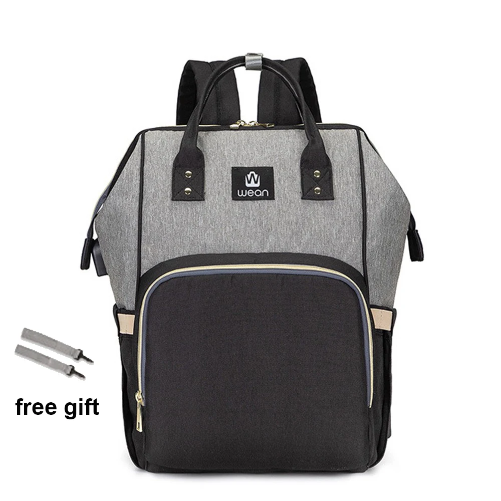 Black and gray Детские сумки для подгузников, USB, очень большой рюкзак для мам, Лоскутная сумка, водонепроницаемая сумка для коляски, дорожная сумка для ухода за ребенком - Цвет: Black and gray
