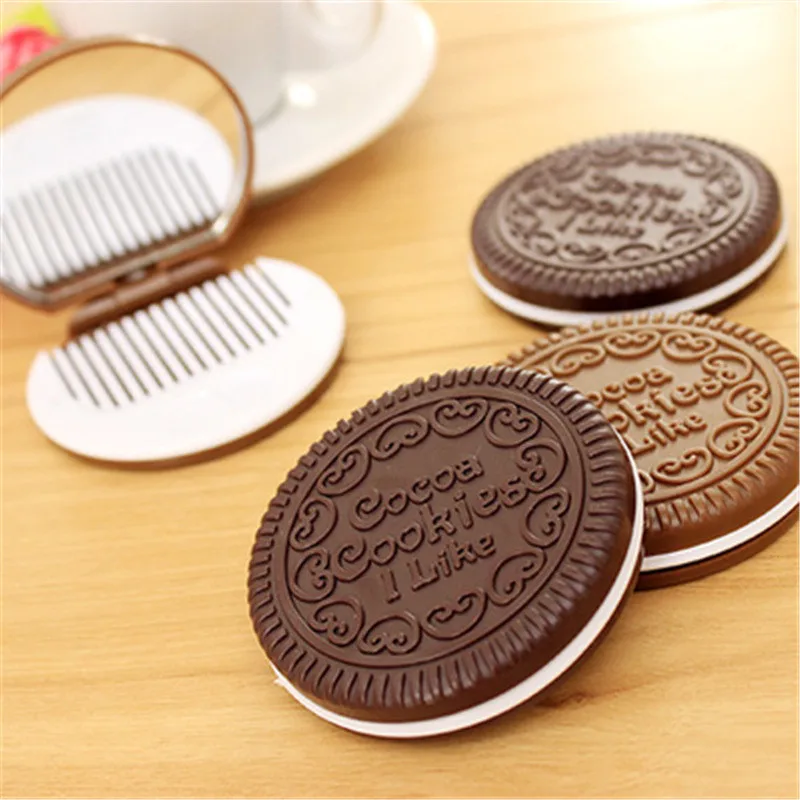 1 шт. милое портативное шоколадное печенье в форме модного дизайна зеркало для макияжа с 1 расческой Набор косметическое зеркало складное круглое зеркало