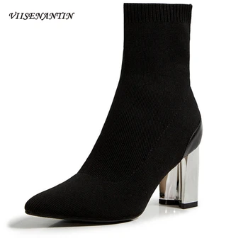 

Women Thick Silver High-heeled Knitted Spring Autumn Pointed Toe New Elastic Socks Boots Black Zip Botas De Mujer Fashion Shoes