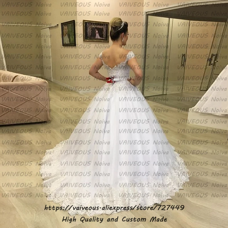 Vestido de Noiva Аппликация вышитый бисером короткий рукав бальное платье Тюль свадебное платье свадебное платье Robe de Mariee Matrimonio