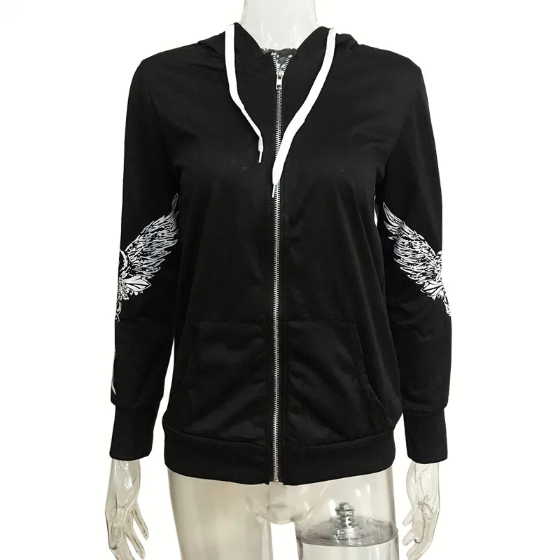 1 цвет, 5 размеров, осенняя одежда в стиле поп, черные женские толстовки, кофты в стиле панк, с длинным рукавом, с принтом черепа, крылья, куртка с капюшоном, пальто на молнии - Цвет: Черный