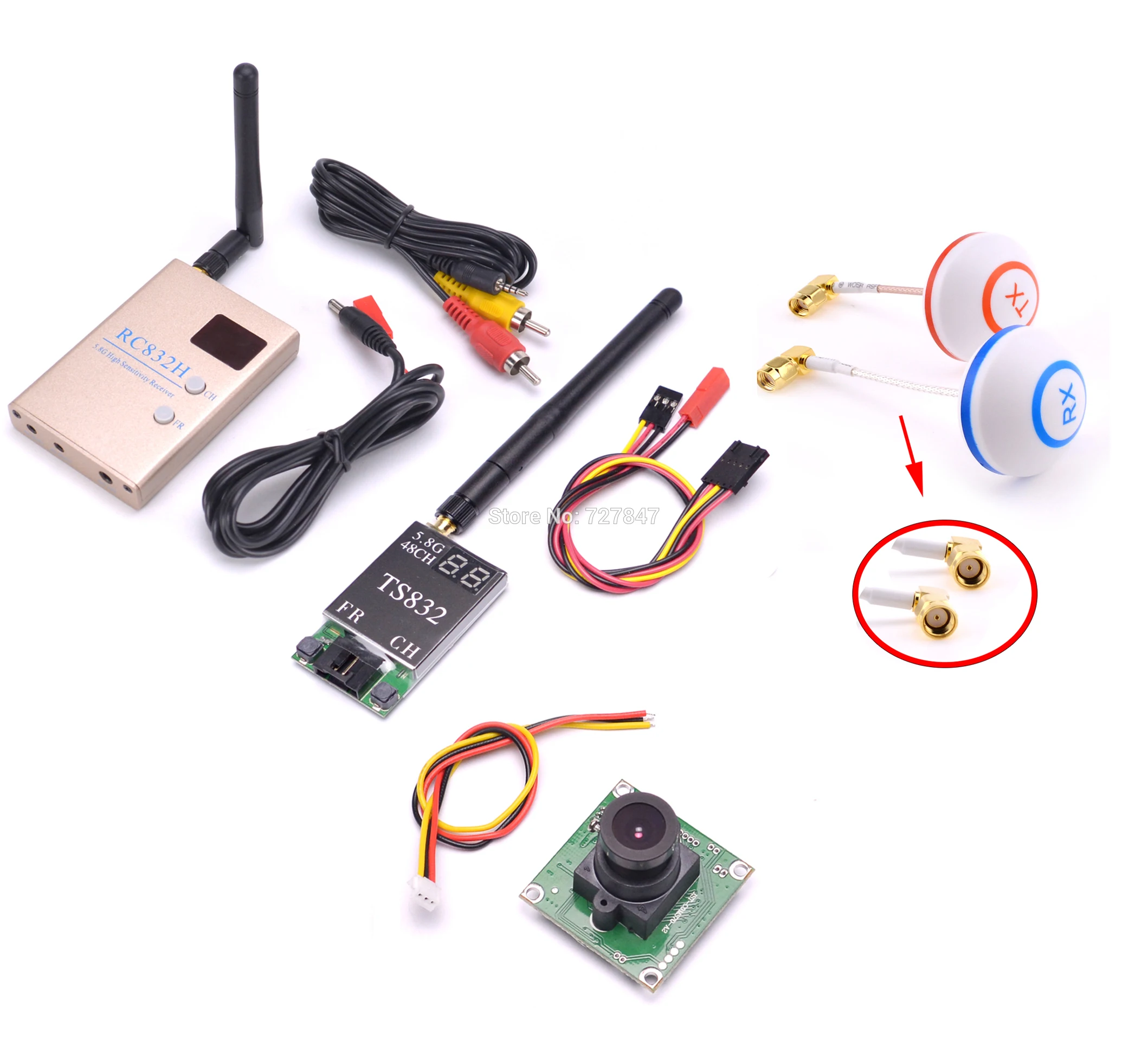 

FPV 5.8G 5.8GHz 48CH RC Transmitter TX TS832 & Receiver RC832 RC832 Mushrooms Antenna 700TVL Camera For Racing drone F450 S500