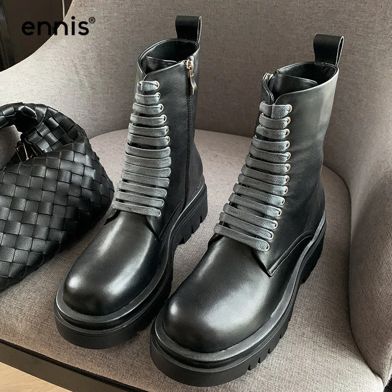 

ENNIS Black Winter Boots Women Genuine Leather Martin Boots Thick Bottom Lace Up Platform Ankle Boots Gothic Female Shoes A0078