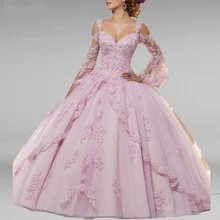 

Pink Flare Long Sleeve Quinceanera Dresses 2021 Sweetheart Lace Appliques Beads Sweet 15 Ball Gown Party Princess Backless