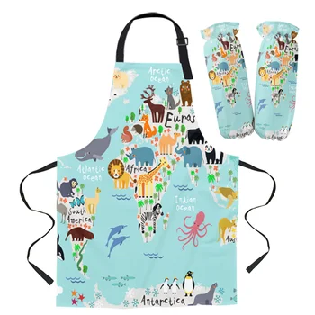 

Animal Map World Cartoon Apron Oversleeve Oven Gloves Pads Cooking Baking Kitchen Aprons for Women Kids