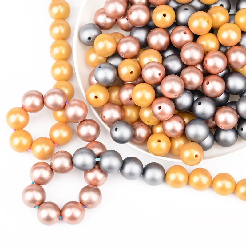 LOFCA 20pcs Metallic Golden Print Silicone Beads 19mm Food Grade Silicone 12mm Sliver Pearl Teether Beads DIY Teething Nursing 2