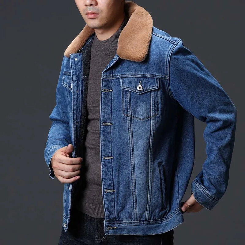  Winter Men's Fleece Lined Denim Jackets And Coats With Fur Collar Warm Thick Jeans Jackets Outwear For Male Windbreak (5)