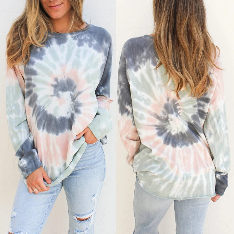 Женские Tie Dye футболки Одежда Осень Зима базовые Топы с длинным рукавом Круглый вырез Футболка Повседневная Свободная модная футболка Женские топы