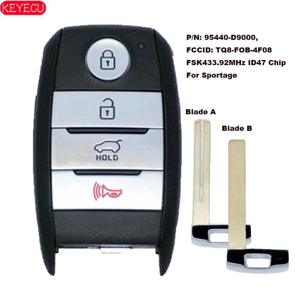 KEYECU OEM for Kia Sportage 2016 2017 2018 Keyless-GO Smart Remote Key FSK 433.92MHz ID47 Fob P/N: 95440-D9000 TQ8-FOB-4F08