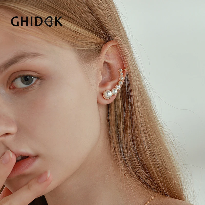 

GHIDBK Minimalist Multi Faux Pearls Ear Climber Delicate Gold Fake Pearl Ear Cuffs Graceful Ear Clips Bridal Jewelry Wholesale