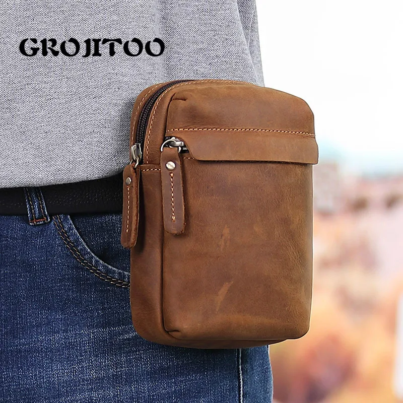 

GROJITOO New leather men's running bag first layer cowhide multi-functional mobile phone bag wearable belt casual zipper bag