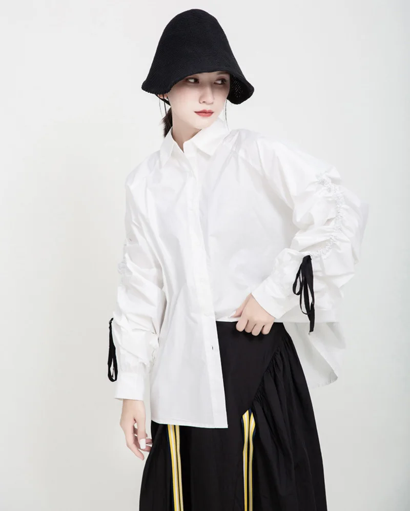 [EAM] женская черная плиссированная блузка большого размера на завязках, новая свободная рубашка с отворотом и длинным рукавом, модная весенняя Осенняя 1K172