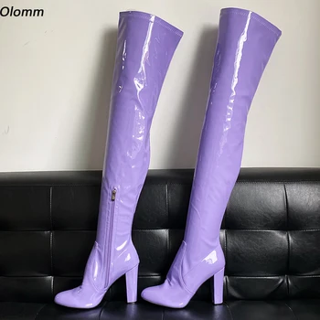 Olomm-Botes per sobre del genoll per a dona, sabates de taló alt quadrat, bonics, amb punta rodona, color morat, per a festa, talla nord-americana 5-20, Hivern 1