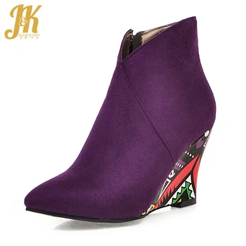 

JK Print Wedges Boots Women High Heels Ankle Boot Ladies Pointed Toe Shoes Female Stretch Flock Shoes Shoes Winter 2020 New