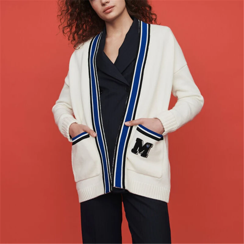 

Tunjuefs Plus Size Pockets Cardigan Women Sweater Coat Striped Shrug Letter Embroidery Maxi Runway Knitted Tops Autumn Winter