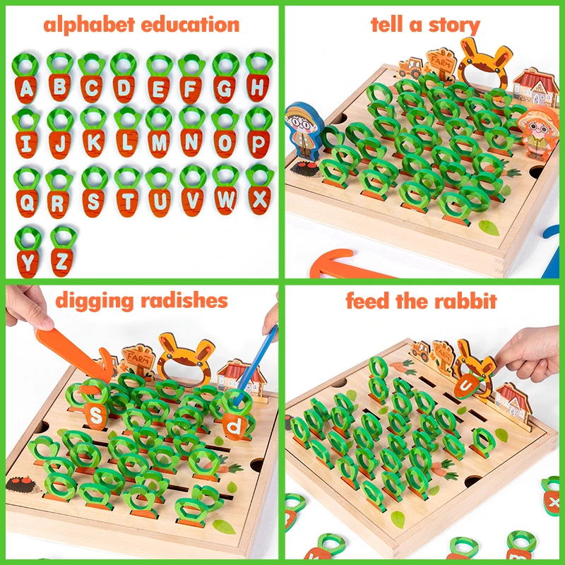 Children Pulling Carrot Language Learning Toys Montessori Game Wooden Box Farm Harvest Radishes Alphabet Early Educational Toys 4