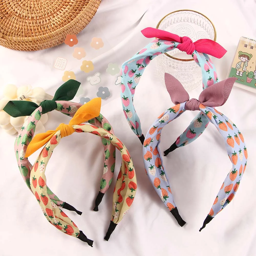 Korean Sweet Fruit Print Color Matching Hairband Strawberry Knot Bow Children's Hair Band Headband Hair Hoop for Kids Girls Baby designer baby accessories