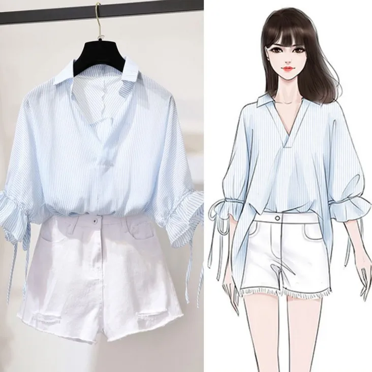 

2018 Expose Clavicle Loose-Fit Immortal Tops Scheming Stripes Super Fire Blue Shirt WOMEN'S Dress Korean-Style