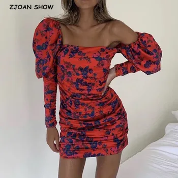 

2020 Sexy Floral Print Pleated Ruched Dress Palace style Retro Women Long Puff Sleeve Mini Party Dresses for Woman Vestidos