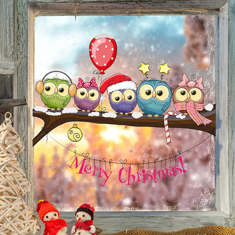 2021 New Year Window Stickers for Merry Christmas Decoration Christmas-dressed Owl On A Tree Branch Wall | Дом и сад