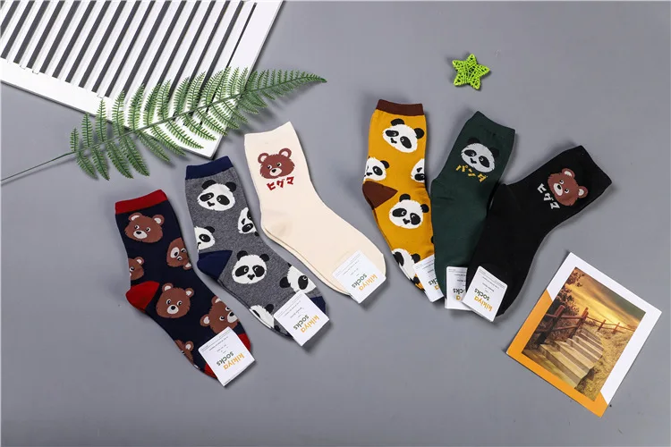 Носки с принтом панды из мультфильма; милые забавные носки с медведем; kawaii; модные повседневные спортивные женские хлопковые носки в Корейском стиле; сезон осень-зима; calcetines