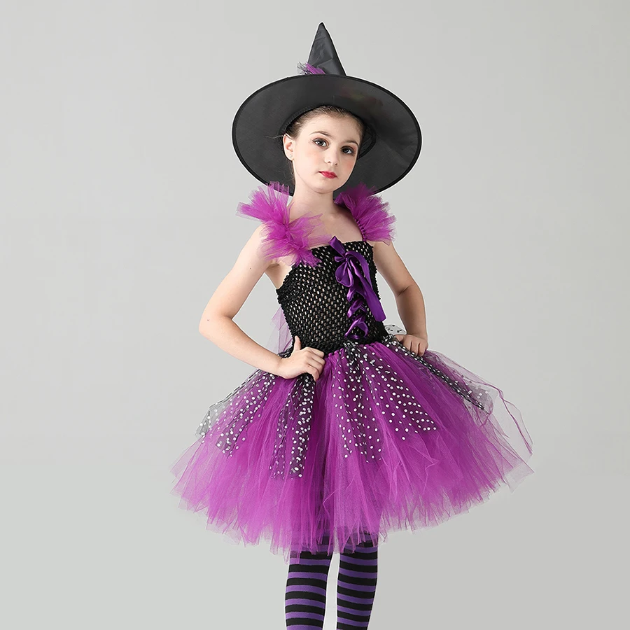 Classic Witch Girls Tutu Dress with Hat Child Halloween Costume Cosplay Carnival Party Princess Kids Wicked Witch Tulle Dresses (3)