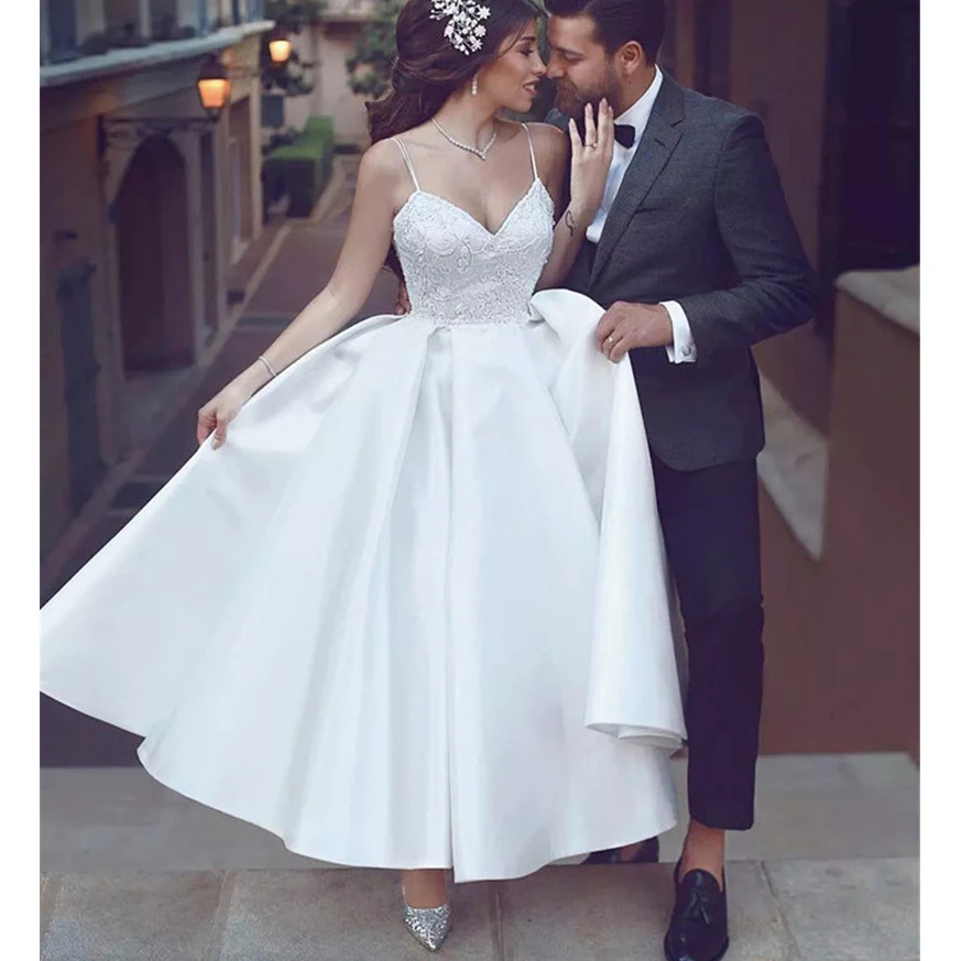 

A-Line Ankle Length Country Short Wedding Dress Satin Plus Size Spaghetti Straps Lace Appliqued Bridal Gowns vestido de noiva