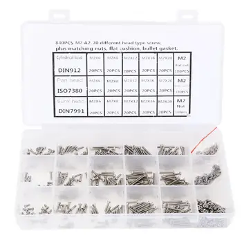 

840Pcs M2 Stainless Steel Flat Head Screw Cylindrical Countersunk Pan Head Screw Nut Washer Assortment Kit