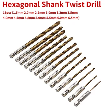 

1.5-6.5mm 13pcs High Speed Steel Titanium Coated Drill Bit Set 1/4 Hex Shank Twist Drill Bit For Wood/Glue/Aluminum/Thin Iron