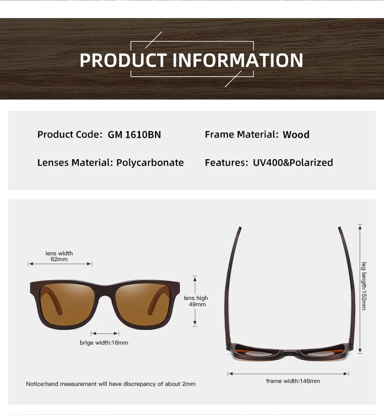 GM Handmade Natural Dark Wooden Polarized Sunglasses