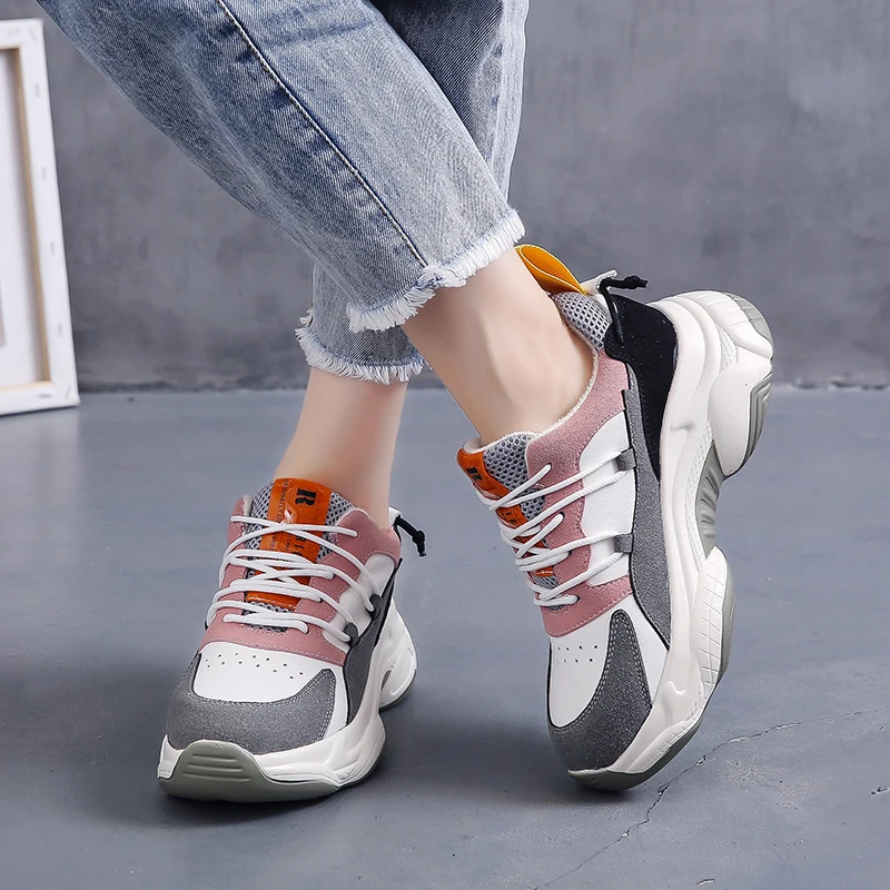 

2019 New Women Chunky Sneakers Casual Retro Dad Shoes Thick Sole Platform Sneakers Lace- up Sports Shoes
