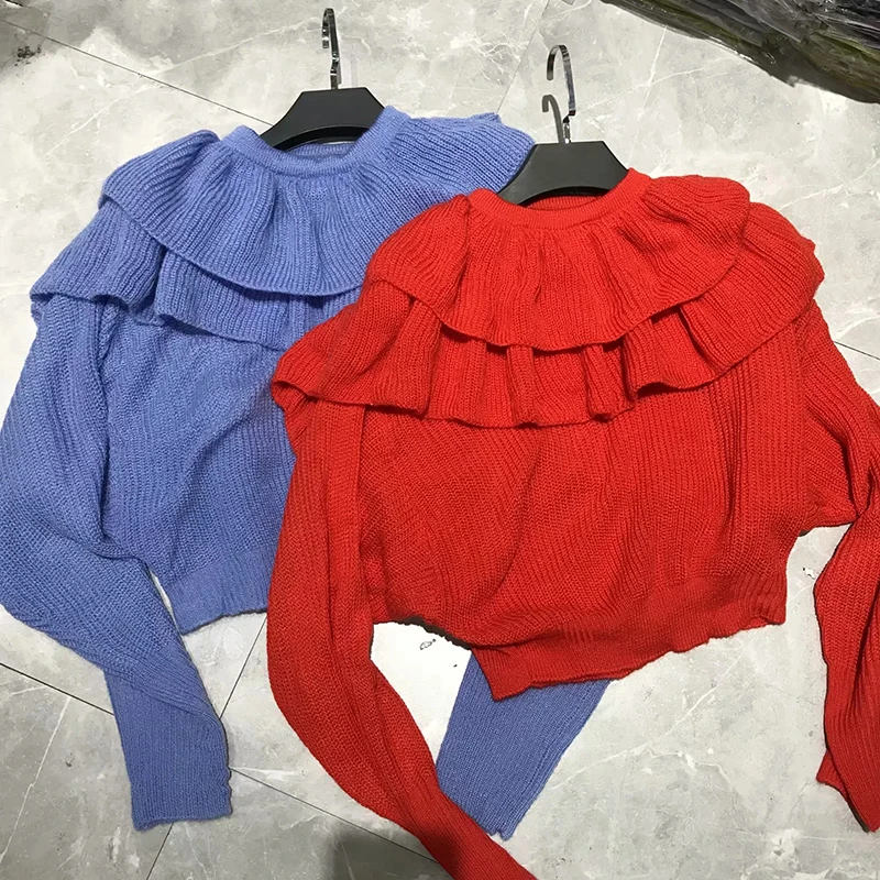 Зимний милый женский свитер Za с пышными рукавами и круглым вырезом, короткие вязаные свитера, джемперы, повседневные шикарные женские пуловеры