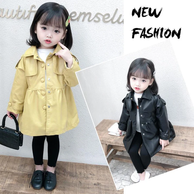 

New Spring Autumn Jackets For Girls PU Leather Coat Kids Long Coat Children Outerwear Coats For Girls Clothing 2-6Years