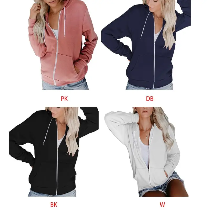 

Womens Autumn Long Sleeve Full Zip Hoodie Jacket Solid Color Basic Sweatshirt