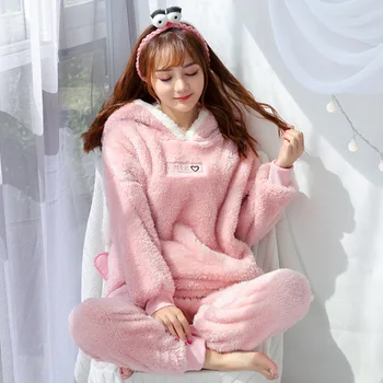 

Coral Fleece Rabbit Warm Women's Hooded Pyjamas Suit Long Sleeve Pants Female Pyjama Suits 2020 Winter Sweet Ladies Home Clothes