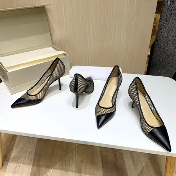 

2020 Black New Women Pumps Mesh & Genuine Leather Shoes Woman Sexy High Heels Hot Pointed Toe Women Shoes Summer Chaussure Femme