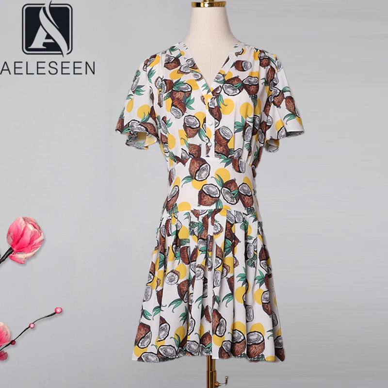 AELESEEN, летнее пляжное платье, женское, подиум, модное, цветочное, с рукавом, с фруктовым принтом, v-образный вырез, тонкое, элегантное, мини платье, Vestidos
