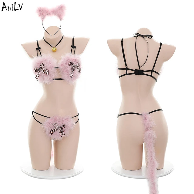 AniLV Kawaii Girl Little Xat Pink Furry Bikini WIth Taill Swimsuit