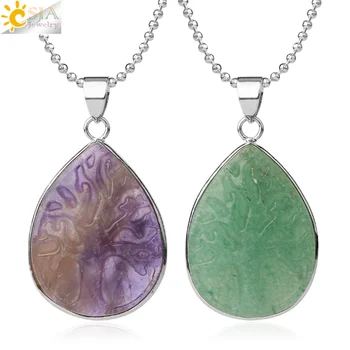 

CSJA Water Drop Pendant Necklace Natural Stones Carving Tree of Life Silver-color Bezel Quartz Crystal Lapis Energy Jewelry G414