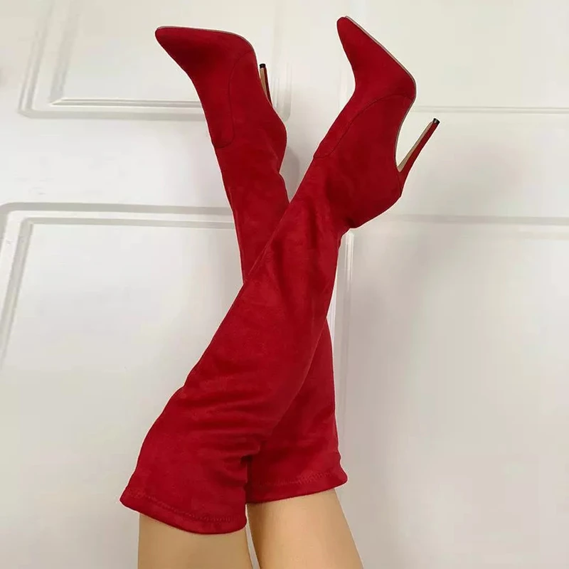 Botas por encima de la rodilla con punta en pico de ante para mujer, zapatos de tacón alto finos, botas rojas para otoño e invierno, Botas Largas, 2021