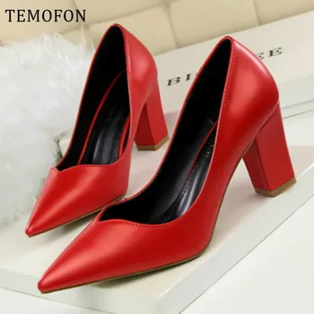 

TEMOFON Sexy High Heels Women Pumps Pointed toe Square Heel Shoes women High Heels black office dress Shoes tacones mujer HVT992