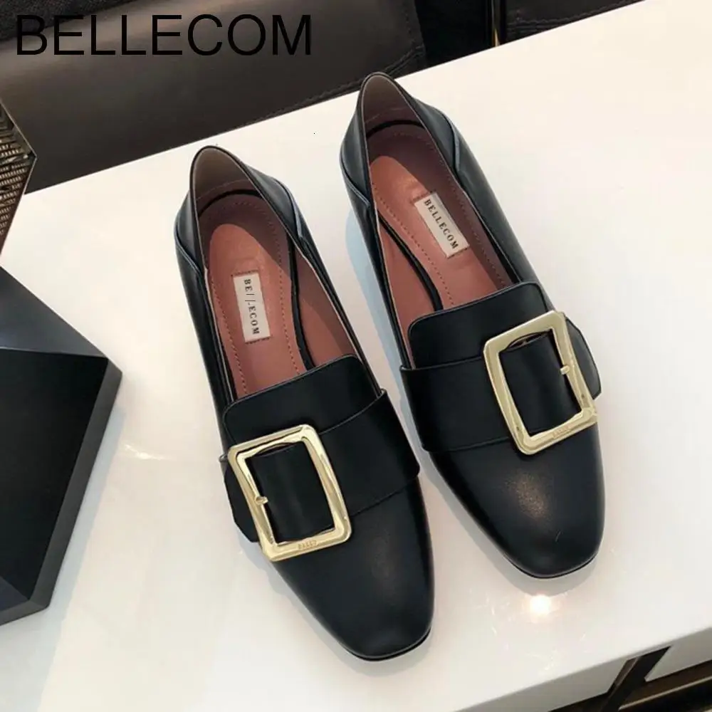 

BELLECOM Simple and comfortable leather round head women's single shoes square buckle heel set foot loafers trend zapatos mujer