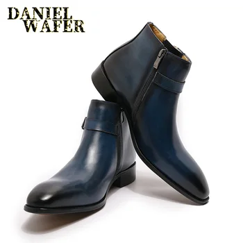 

Luxury Men Ankle Boots Leather Shoes Black Blue High Grade Zipper Buckle Strap Chelsea Boot Office Wedding Dress Shoes Men Boots
