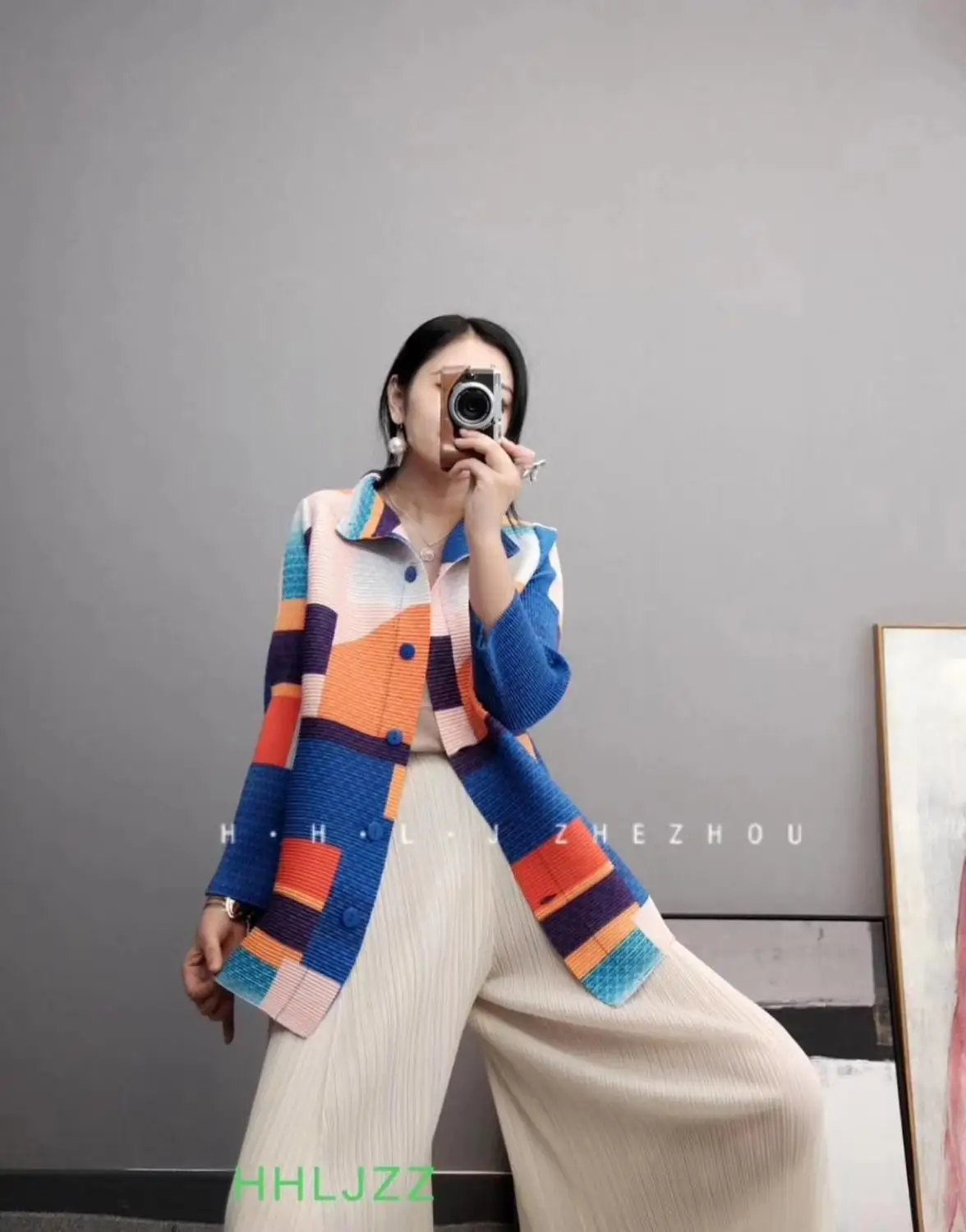 Модное однобортное пальто Miyake с отложным воротником и геометрическим принтом, с широкими рукавами-фонариками